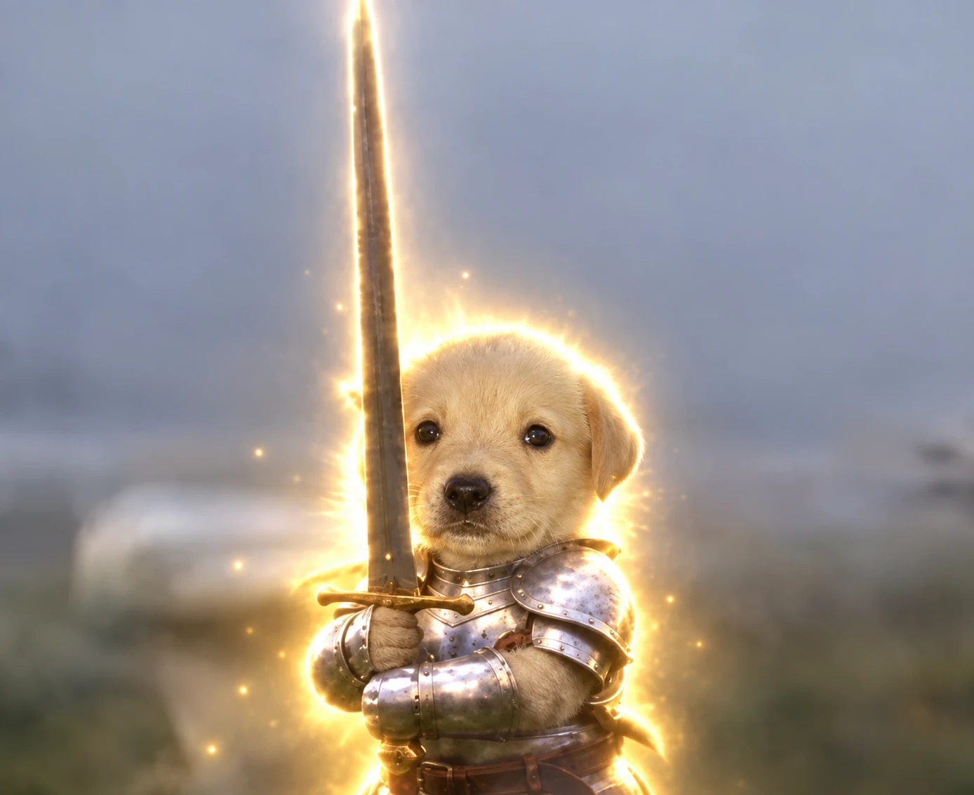 A golden retriever puppy in knight's armor holding a glowing sword